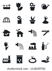 Set of vector isolated black icon - factory vector, flower in pot, seedling, watering can, sproute, pruner, greenhouse, seeds, pond, garden sprayer, tulip, eco house, palm