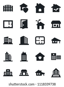 Set of vector isolated black icon - office building vector, house, hospital, store, with garage, fence, plan, sweet home, city, cafe, eco, door