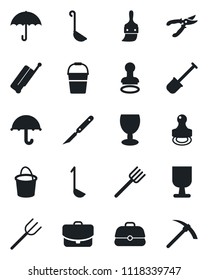 Set of vector isolated black icon - suitcase vector, stamp, shovel, farm fork, bucket, pruner, scalpel, fragile, umbrella, themes, ladle, case, hard work