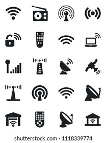 Set of vector isolated black icon - antenna vector, satellite, wireless notebook, radio, remote control, cellular signal, lock, garage gate
