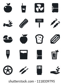 Set of vector isolated black icon - plant label vector, fridge, drink, phyto bar, salad, bacon, bread, kebab, hot dog, apple fruit, fan, palm sproute