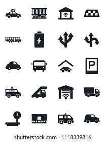 Set of vector isolated black icon - taxi vector, airport bus, parking, alarm car, ladder, ambulance, route, railroad, delivery, heavy scales, garage, gate control, battery