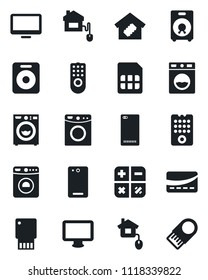 Set of vector isolated black icon - washer vector, calculator, monitor, speaker, phone back, sim, smart home, credit card, control, remote, usb flash
