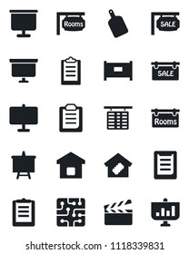 Set of vector isolated black icon - fence vector, flight table, presentation board, clipboard, clapboard, sale, rooms, smart home, cutting, chip
