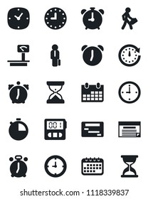 Set of vector isolated black icon - alarm clock vector, calendar, heavy scales, stopwatch, manager, schedule, sand