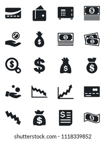 Set of vector isolated black icon - credit card vector, safe, dollar sign, money bag, crisis graph, cash, receipt, wallet, growth, search, investment