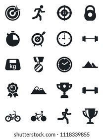 Set of vector isolated black icon - medal vector, barbell, bike, run, heavy, stopwatch, clock, target, mountains, award cup