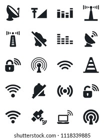 Set of vector isolated black icon - antenna vector, wireless notebook, border cone, satellite, equalizer, mute, cellular signal, lock