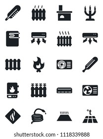 Set of vector isolated black icon - fire vector, hose, fireplace, thermometer, heater, air conditioner, candle, water, smoke detector, radiator, warm floor