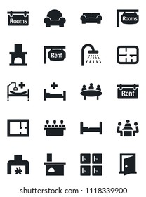 Set of vector isolated black icon - shower vector, checkroom, meeting, fireplace, hospital bed, plan, rent, rooms, bedroom, cushioned furniture, door