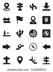 Set of vector isolated black icon - escalator vector, signpost, right arrow, left, radar, route, pin, download, place tag, compass, flag, guidepost