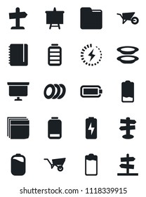 Set of vector isolated black icon - notepad vector, presentation board, wheelbarrow, signpost, battery, low, folder, charge, blank box, plates, guidepost