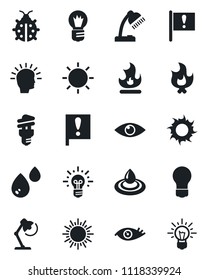 Set of vector isolated black icon - sun vector, bulb, lady bug, fire, eye, important flag, desk lamp, water, energy saving, shining head, idea