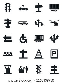 Set of vector isolated black icon - airport tower vector, taxi, bus, parking, passport control, signpost, alarm car, border cone, helicopter, disabled, route, traffic light, truck trailer, guidepost