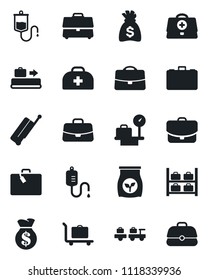 Set of vector isolated black icon - suitcase vector, baggage conveyor, trolley, larry, luggage storage, scales, case, money bag, fertilizer, doctor, dropper