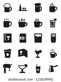 Set of vector isolated black icon - hot cup vector, coffee machine, water supply, alcohol, wine card, drink, cocktail, phyto bar, beer, turkish