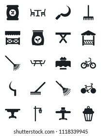 Set of vector isolated black icon - cafe vector, rake, sickle, garden light, picnic table, fertilizer, bike, restaurant, alcove, outdoor lamp