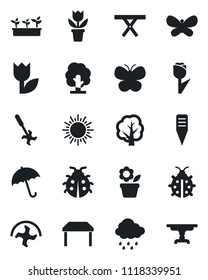 Set of vector isolated black icon - umbrella vector, sun, flower in pot, ripper, tree, butterfly, lady bug, seedling, rain, plant label, picnic table, tulip
