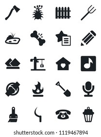 Set of vector isolated black icon - job vector, pencil, farm fork, fence, fire, sickle, axe, joint, broken bone, virus, microphone, favorites list, themes, music, pond, sweet home, crane, phone