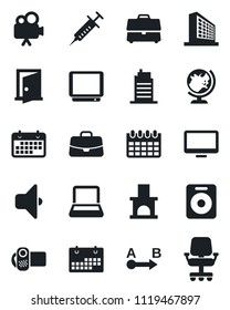 Set of vector isolated black icon - globe vector, office building, case, calendar, fireplace, syringe, term, route, tv, video camera, monitor, speaker, notebook pc, city house, sound, door, chair