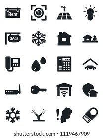 Set of vector isolated black icon - house vector, with tree, garage, sale, rent, key, irrigation, router, snowflake, intercome, water, smoke detector, warm floor, bulb, gate control, eye scan