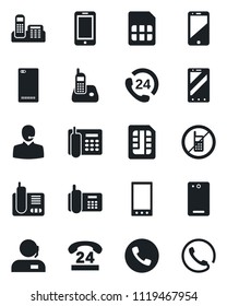 Set of vector isolated black icon - phone vector, no mobile, office, 24 hours, cell, radio, back, sim, support