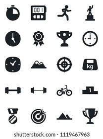 Set of vector isolated black icon - pedestal vector, medal, barbell, bike, run, heavy, clock, stopwatch, target, mountains, award cup