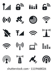 Set of vector isolated black icon - antenna vector, wireless notebook, radar, satellite, equalizer, mute, cellular signal, lock