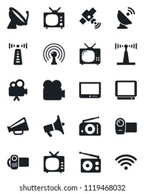 Set of vector isolated black icon - antenna vector, satellite, radio, loudspeaker, tv, video camera, wireless