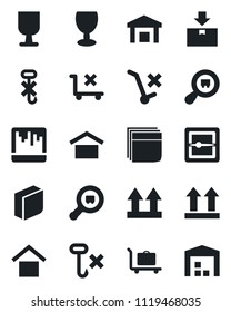 Set of vector isolated black icon - baggage trolley vector, fragile, warehouse storage, up side sign, no, hook, package, search cargo, scanner, blank box