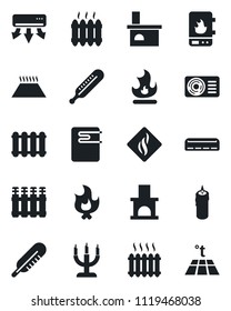 Set of vector isolated black icon - fire vector, fireplace, thermometer, heater, air conditioner, candle, water, smoke detector, radiator, warm floor