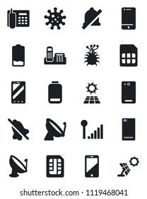 Set of vector isolated black icon - satellite antenna vector, mobile phone, virus, cell, low battery, back, sim, mute, cellular signal, office, sun panel
