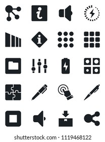Set of vector isolated black icon - package vector, sorting, settings, touch screen, stop button, menu, folder, charge, application, pen, sound, information, social media