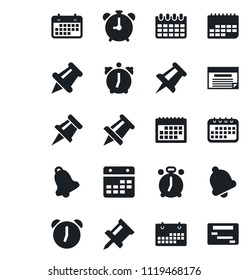 Set of vector isolated black icon - alarm clock vector, drawing pin, calendar, term, paper, bell, schedule