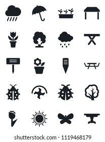 Set of vector isolated black icon - umbrella vector, sun, flower in pot, ripper, tree, butterfly, lady bug, seedling, rain, plant label, picnic table, tulip