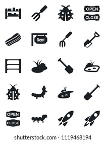 Set of vector isolated black icon - job vector, garden fork, shovel, lady bug, caterpillar, pond, rack, rent, bacon, open close, rocket