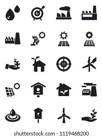 Set of vector isolated black icon - factory vector, bird house, target, sun panel, eco, water, windmill, palm sproute