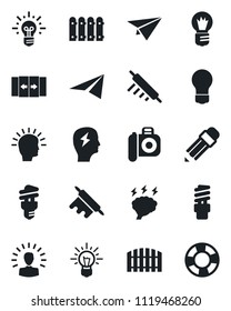 Set of vector isolated black icon - automatic door vector, brainstorm, bulb, camera, pencil, fence, rolling pin, energy saving, shining head, idea, paper plane, crisis management