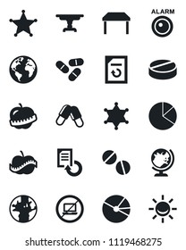 Set of vector isolated black icon - no laptop vector, globe, document reload, pills, diet, earth, pie graph, table, police, alarm led