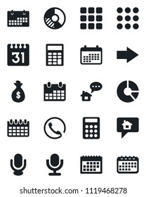 Set of vector isolated black icon - right arrow vector, calendar, circle chart, microphone, menu, calculator, phone, home message, money bag