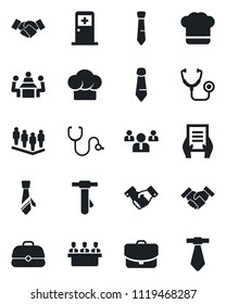 Set of vector isolated black icon - medical room vector, handshake, team, tie, document, stethoscope, meeting, cook hat, case