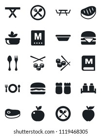 Set of vector isolated black icon - spoon and fork vector, picnic table, cafe, menu, salad, salt pepper, steak, hamburger, bowl, sushi, apple fruit