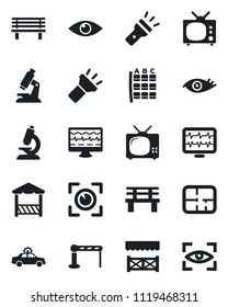 Set of vector isolated black icon - barrier vector, alarm car, seat map, bench, monitor pulse, microscope, eye, torch, plan, tv, alcove, scan