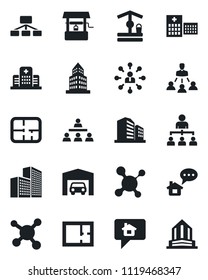 Set of vector isolated black icon - hierarchy vector, well, molecule, hospital, office building, garage, plan, home message