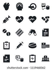 Set of vector isolated black icon - heart pulse vector, diagnosis, syringe, blood pressure, pills, blister, tomography, real, clipboard, hospital