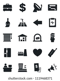Set of vector isolated black icon - satellite antenna vector, suitcase, ticket office, left arrow, airport building, dollar sign, manager place, heart, pulse clipboard, warehouse, themes, case