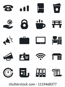 Set of vector isolated black icon - identity card vector, case, desk, coffee, bench, heavy, news, loudspeaker, tv, paper binder, wireless, phone, fridge, arrow up graph, clock, investment, contract
