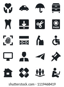 Set of vector isolated black icon - baby room vector, passport, house, patch, disabled, heart hand, tooth, car delivery, umbrella, monitor, download, cut, drawing pin, archive box, company, alcove