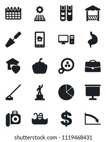 Set of vector isolated black icon - dollar sign vector, pedestal, calendar, trowel, hoe, pumpkin, stomach, camera, case, presentation board, pie graph, book, pool, sun panel, sweet home, alcove, pc
