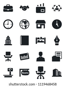 Set of vector isolated black icon - handshake vector, case, heavy scales, barcode, rack, user, clock, copybook, office building, document folder, hr, ink pen, chair, mail, rooms, earth, storefront
